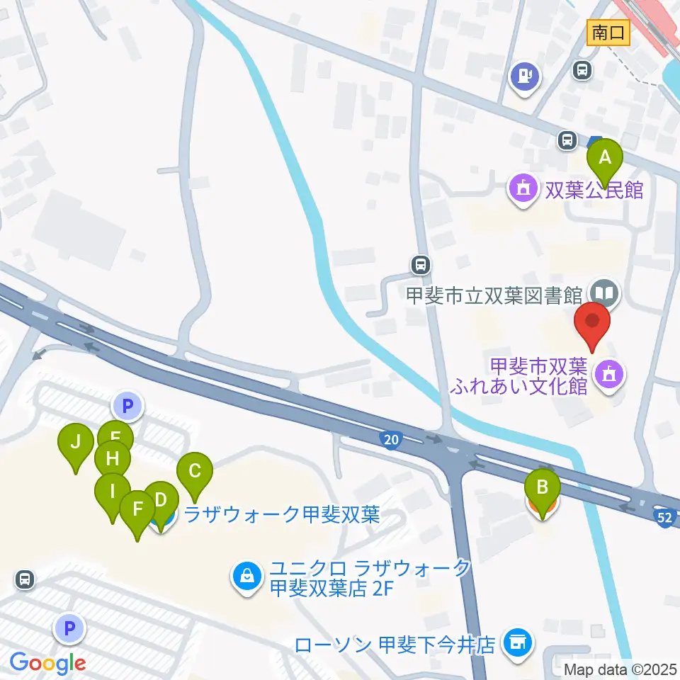 甲斐市双葉ふれあい文化館周辺のファミレス・ファーストフード一覧地図