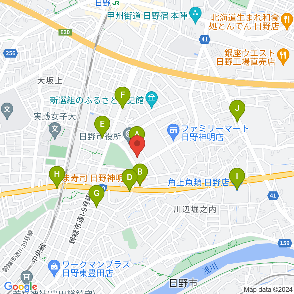 ひの煉瓦ホール周辺のファミレス・ファーストフード一覧地図