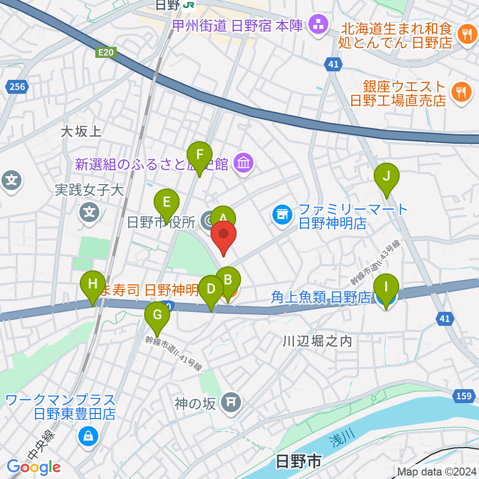 ひの煉瓦ホール周辺のファミレス・ファーストフード一覧地図