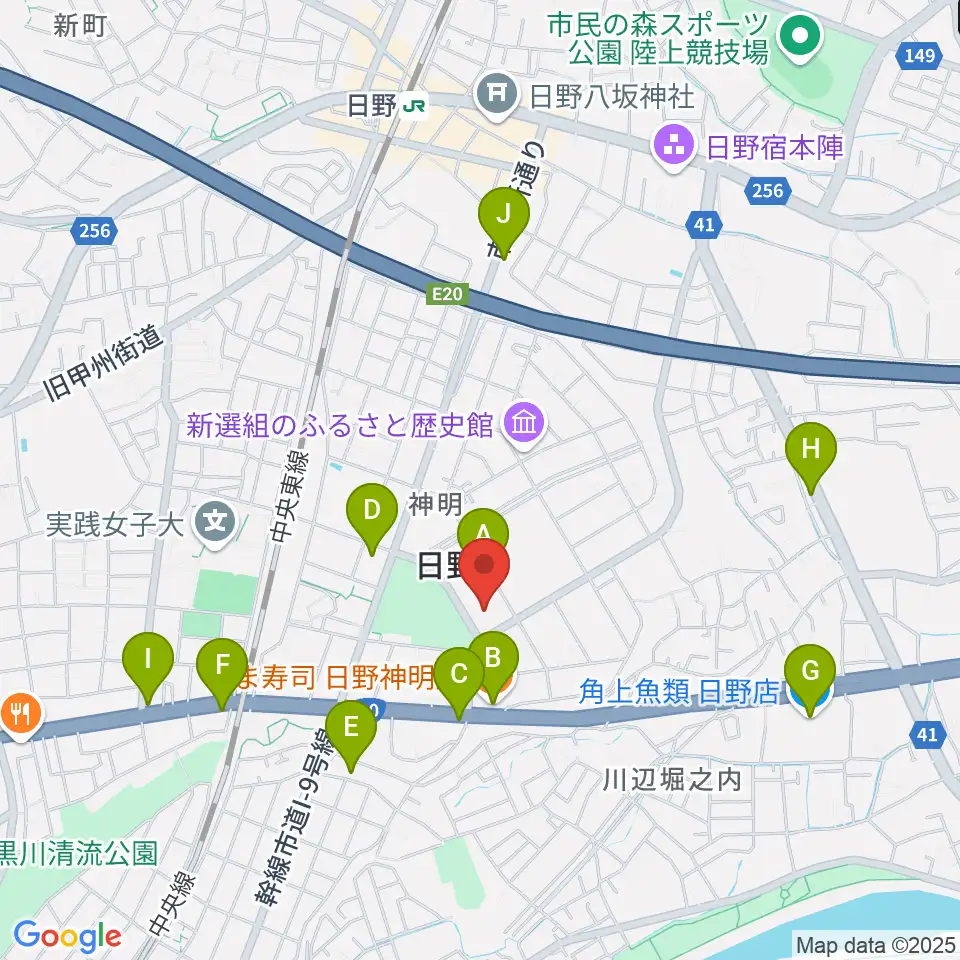 ひの煉瓦ホール周辺のファミレス・ファーストフード一覧地図