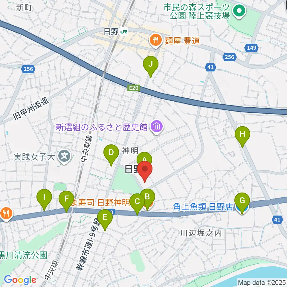 ひの煉瓦ホール周辺のファミレス・ファーストフード一覧地図