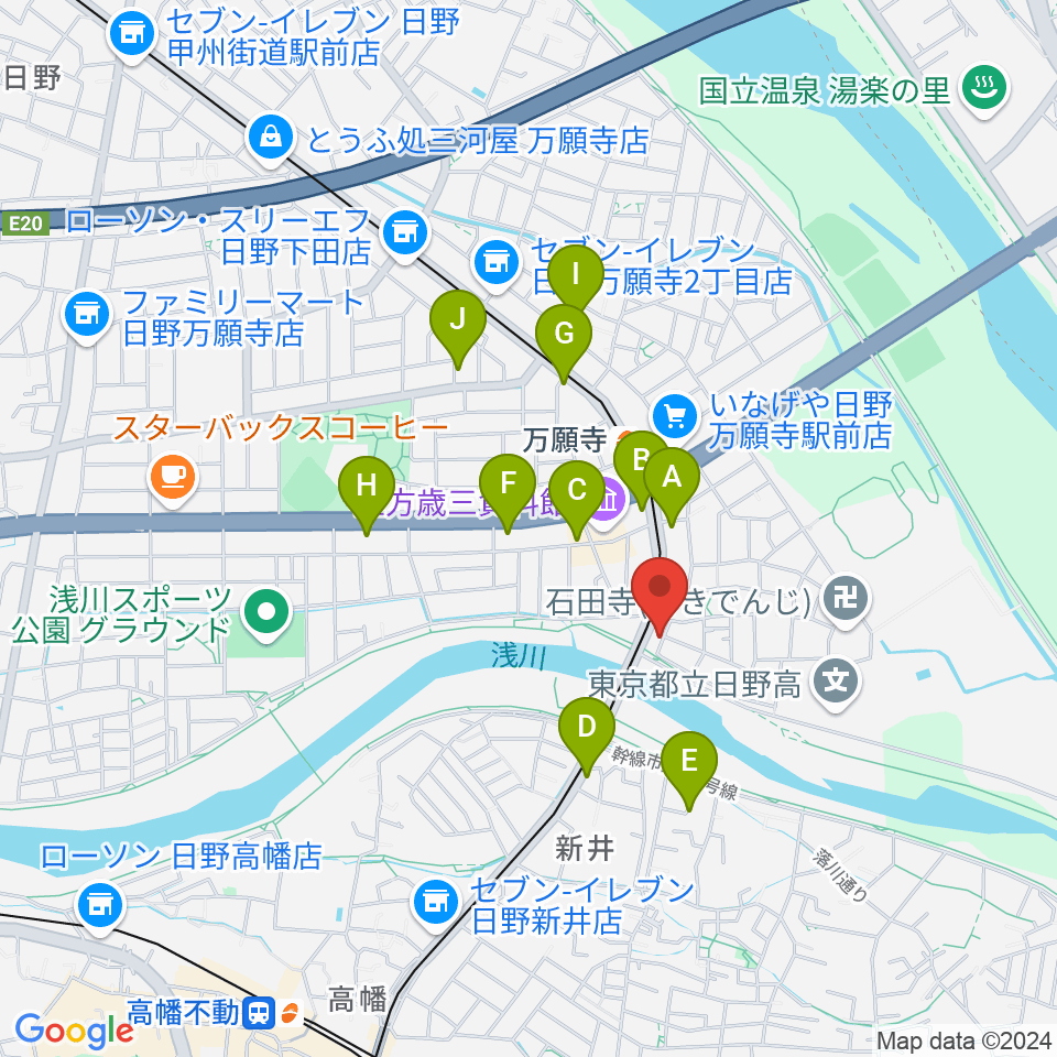 日野市東部会館周辺のファミレス・ファーストフード一覧地図