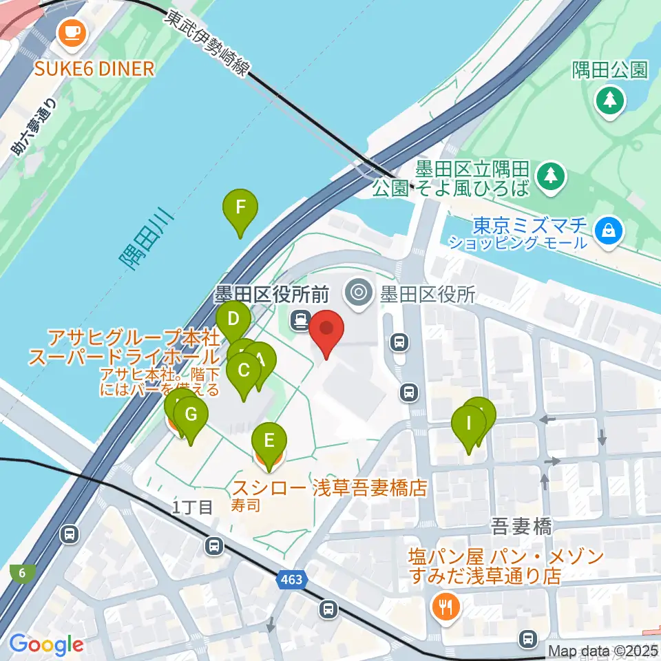 すみだリバーサイドホール周辺のファミレス・ファーストフード一覧地図