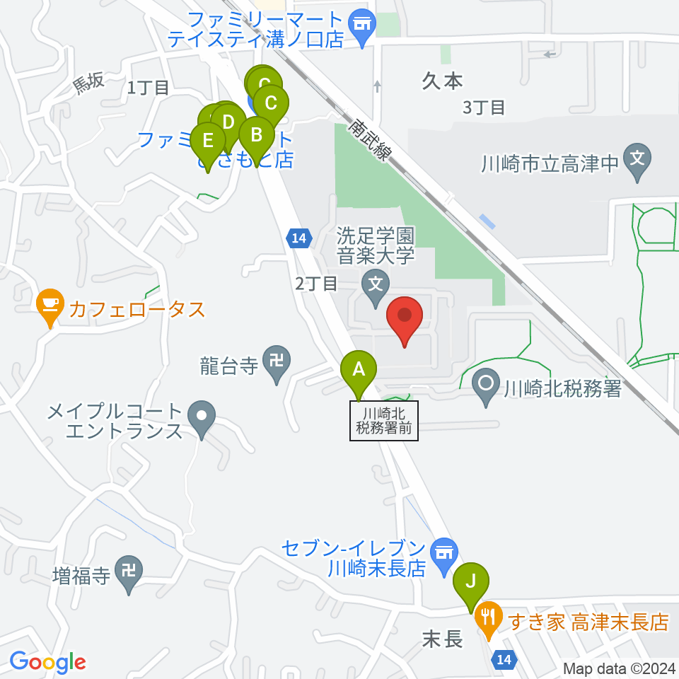 洗足学園 前田ホール周辺のファミレス・ファーストフード一覧地図