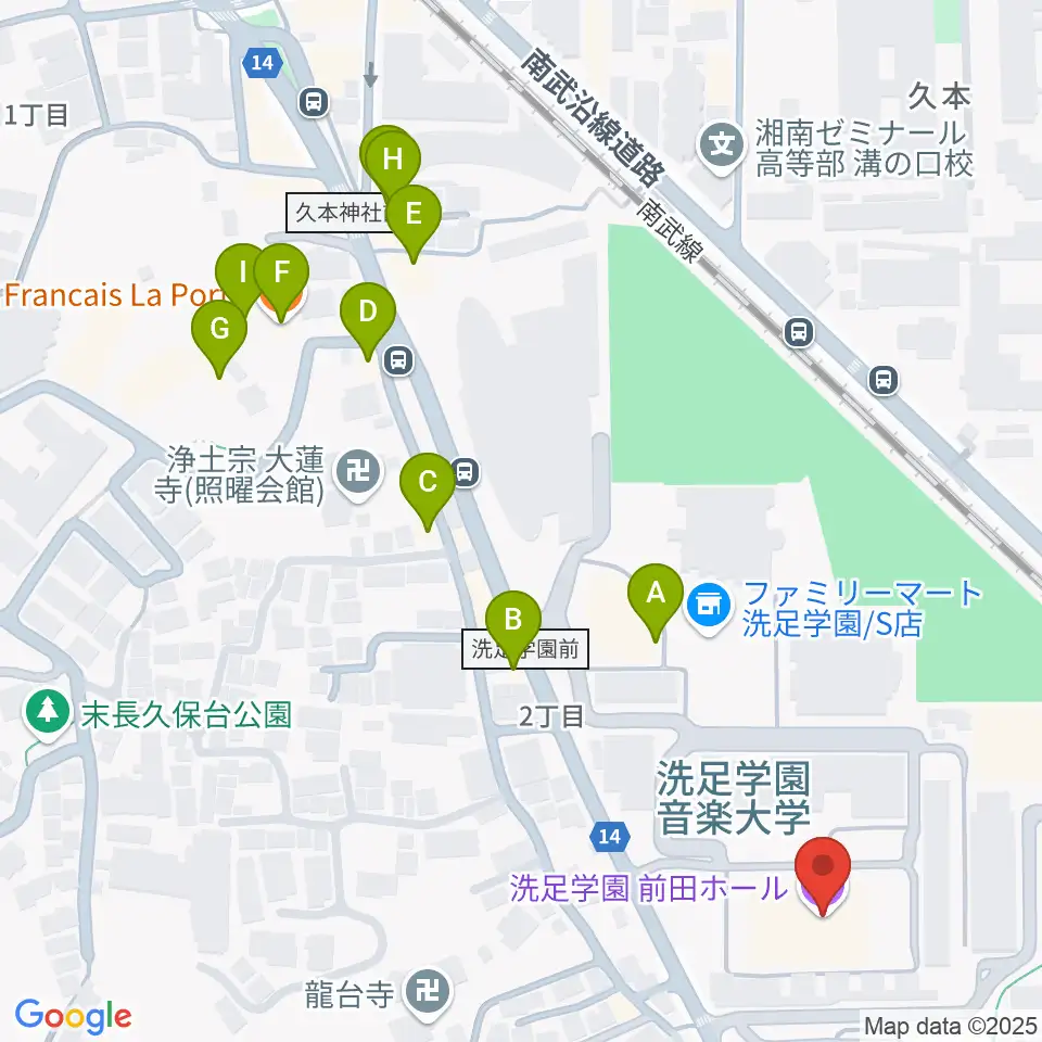 洗足学園 前田ホール周辺のファミレス・ファーストフード一覧地図