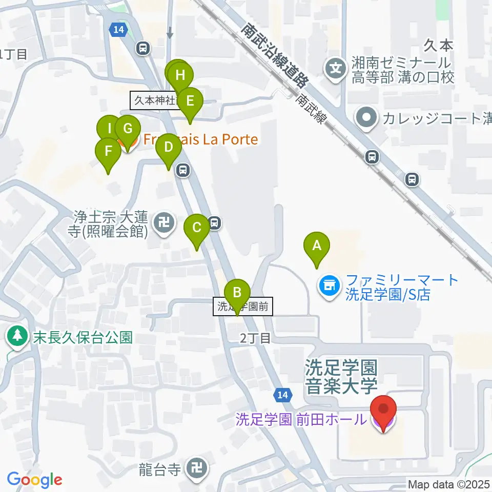 洗足学園 前田ホール周辺のファミレス・ファーストフード一覧地図