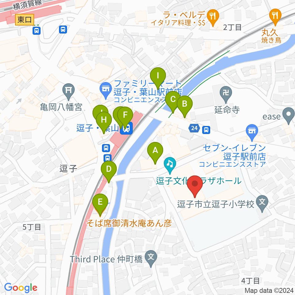 逗子文化プラザホール周辺のファミレス・ファーストフード一覧地図