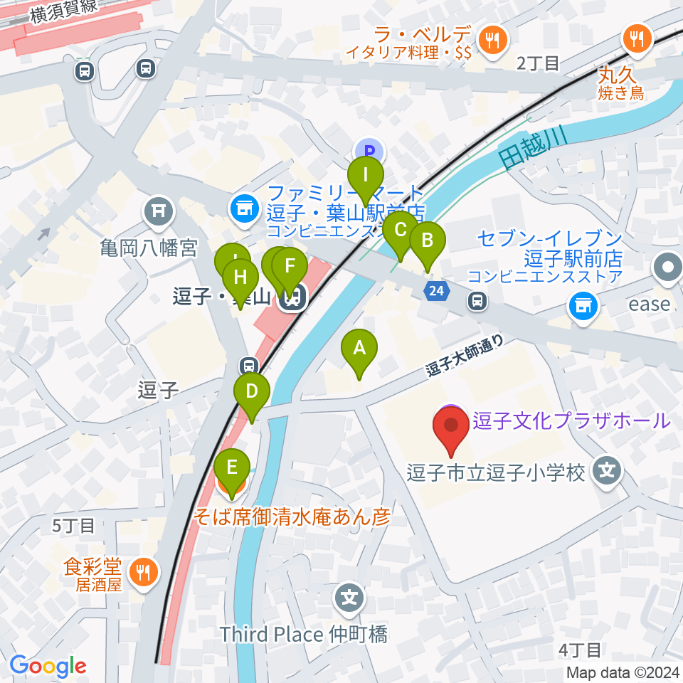 逗子文化プラザホール周辺のファミレス・ファーストフード一覧地図