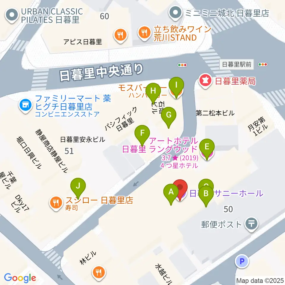 日暮里サニーホール周辺のファミレス・ファーストフード一覧地図