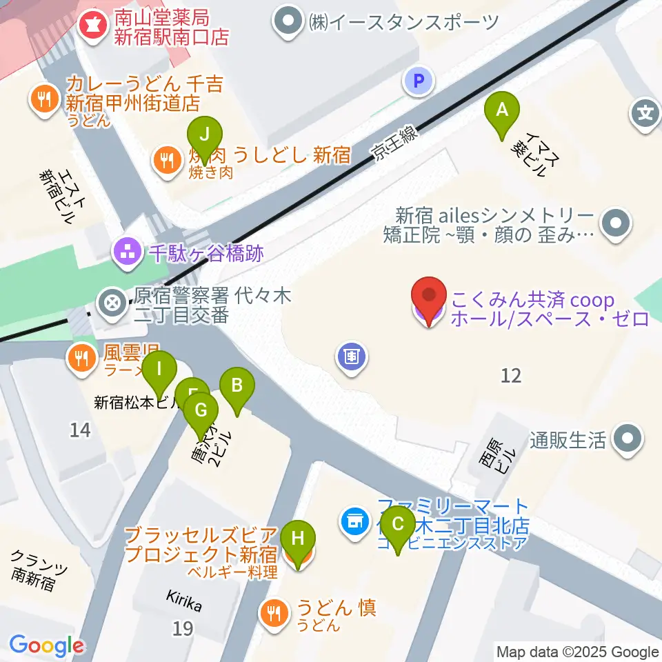 こくみん共済coopホール スペース・ゼロ周辺のファミレス・ファーストフード一覧地図
