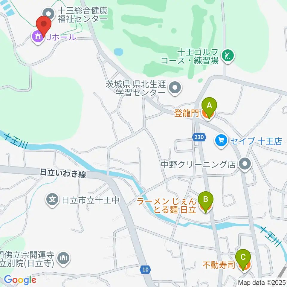 ゆうゆう十王・Jホール周辺のファミレス・ファーストフード一覧地図