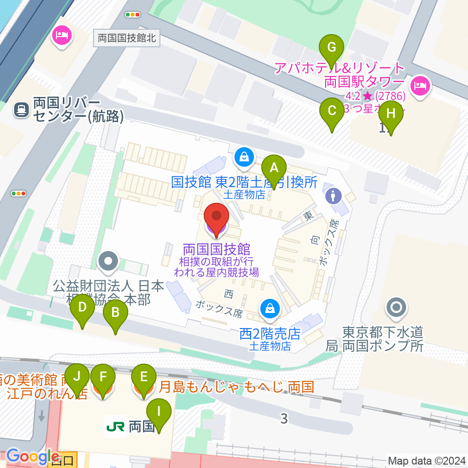 両国国技館周辺のファミレス・ファーストフード一覧地図