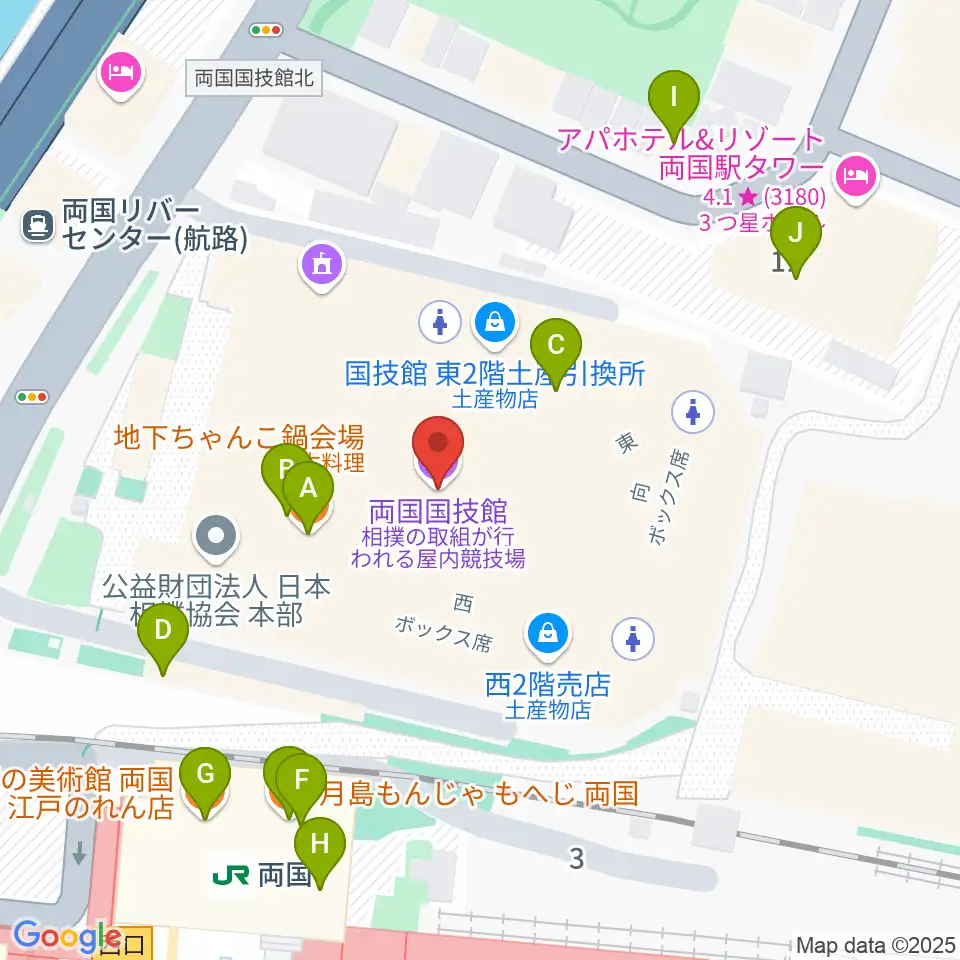 両国国技館周辺のファミレス・ファーストフード一覧地図