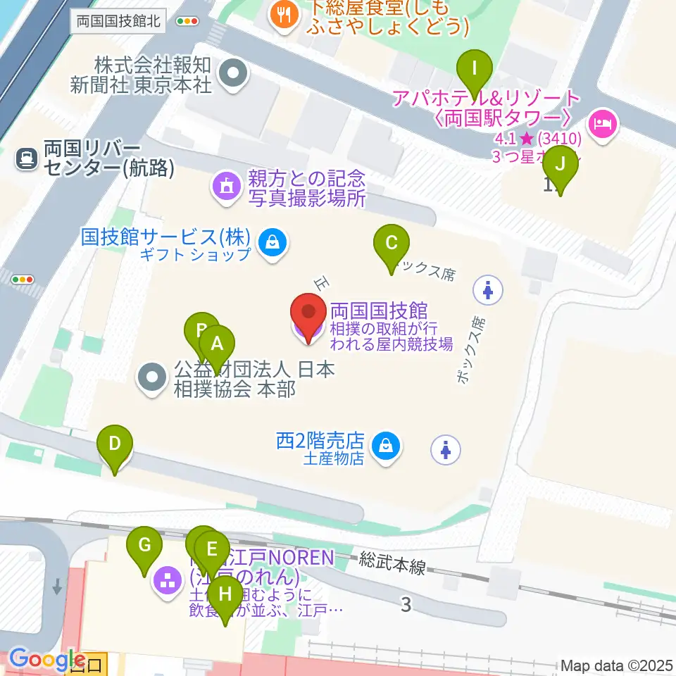 両国国技館周辺のファミレス・ファーストフード一覧地図