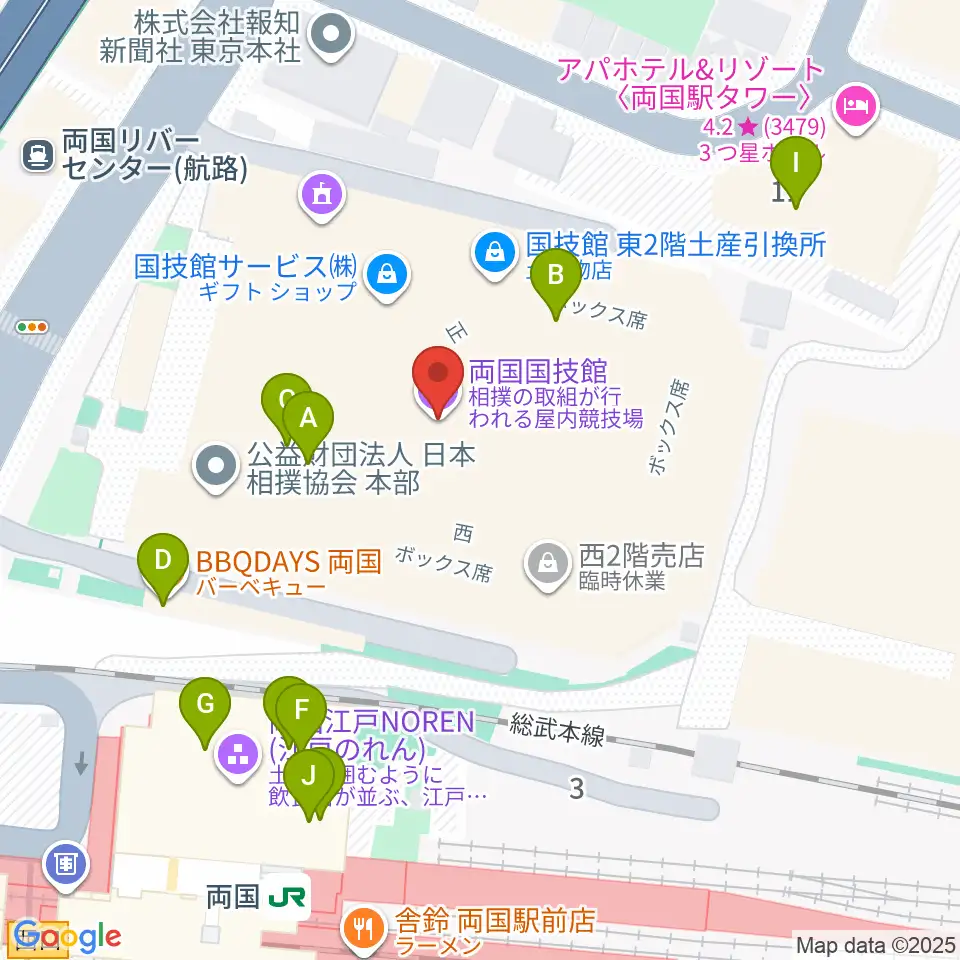 両国国技館周辺のファミレス・ファーストフード一覧地図