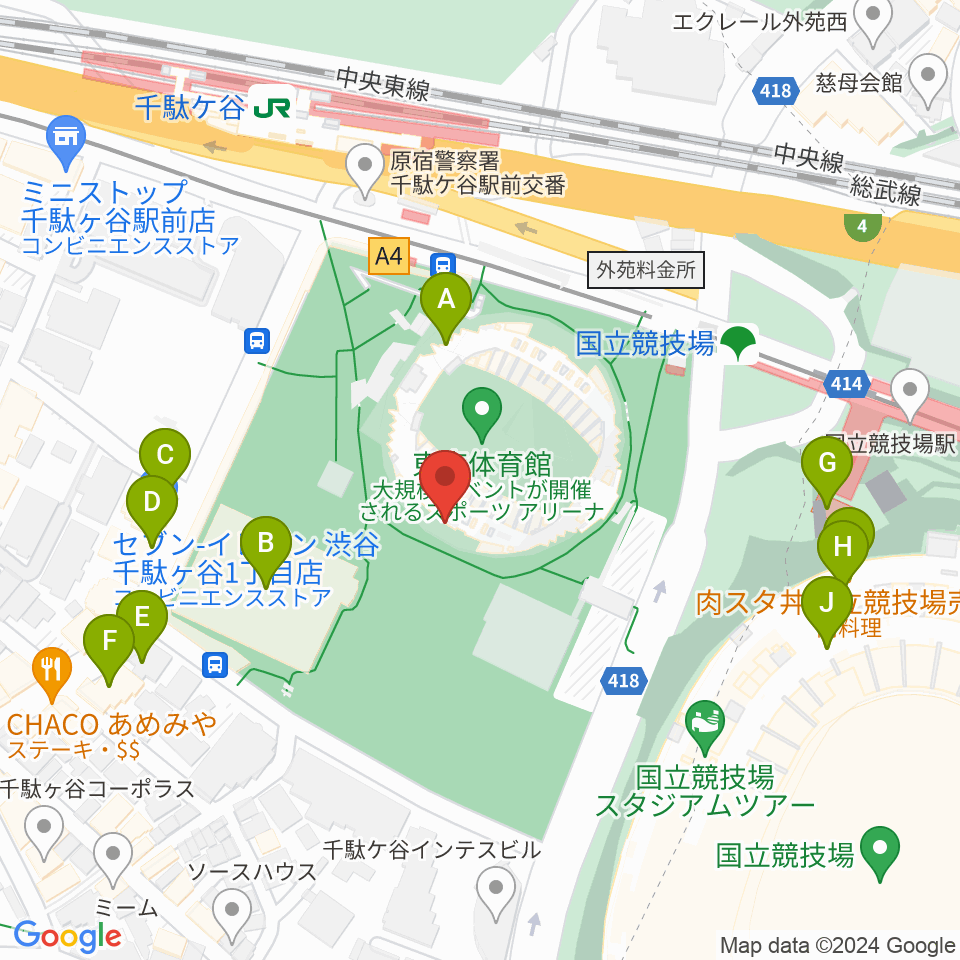 東京体育館周辺のファミレス・ファーストフード一覧地図