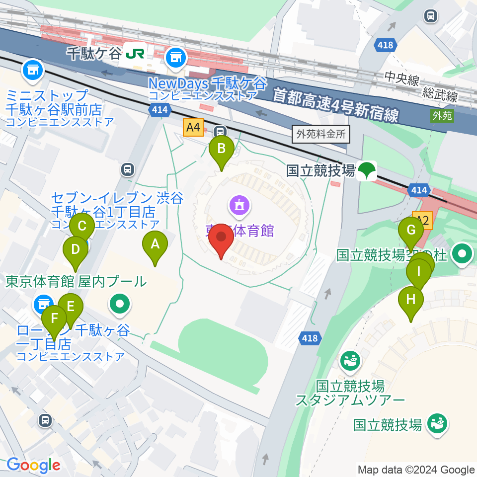 東京体育館周辺のファミレス・ファーストフード一覧地図