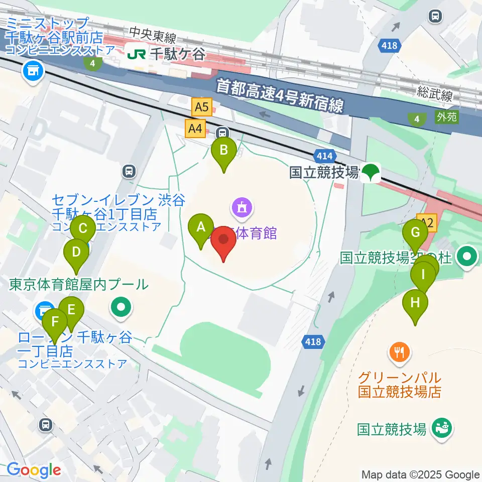 東京体育館周辺のファミレス・ファーストフード一覧地図