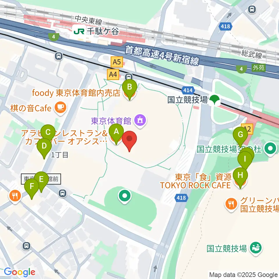 東京体育館周辺のファミレス・ファーストフード一覧地図