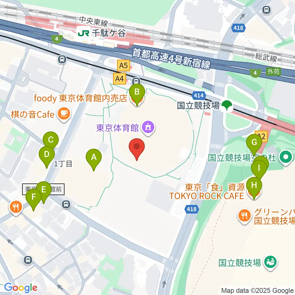 東京体育館周辺のファミレス・ファーストフード一覧地図