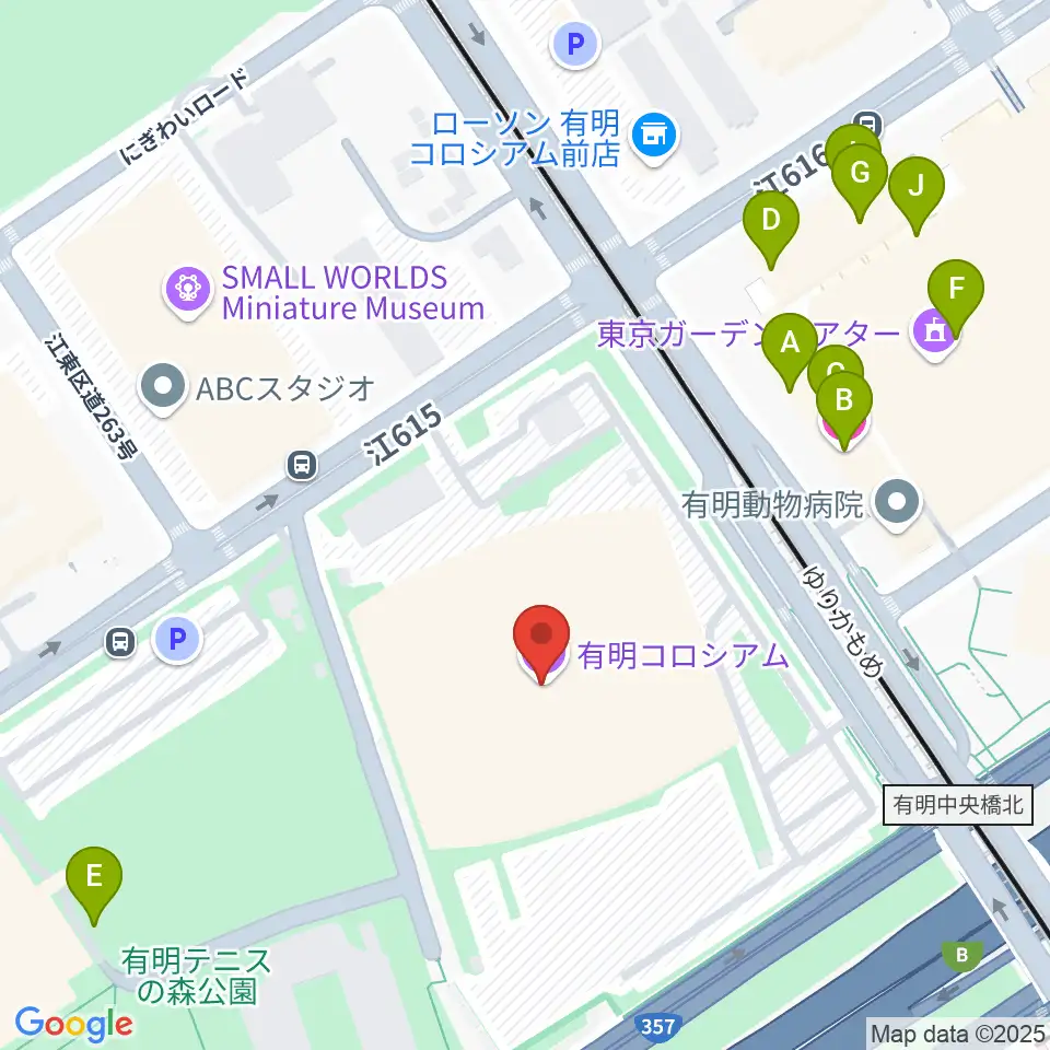 有明コロシアム周辺のファミレス・ファーストフード一覧地図