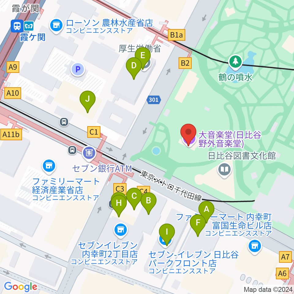 日比谷公園大音楽堂（日比谷野音）周辺のファミレス・ファーストフード一覧地図