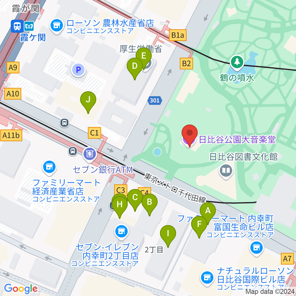 日比谷公園大音楽堂（日比谷野音）周辺のファミレス・ファーストフード一覧地図