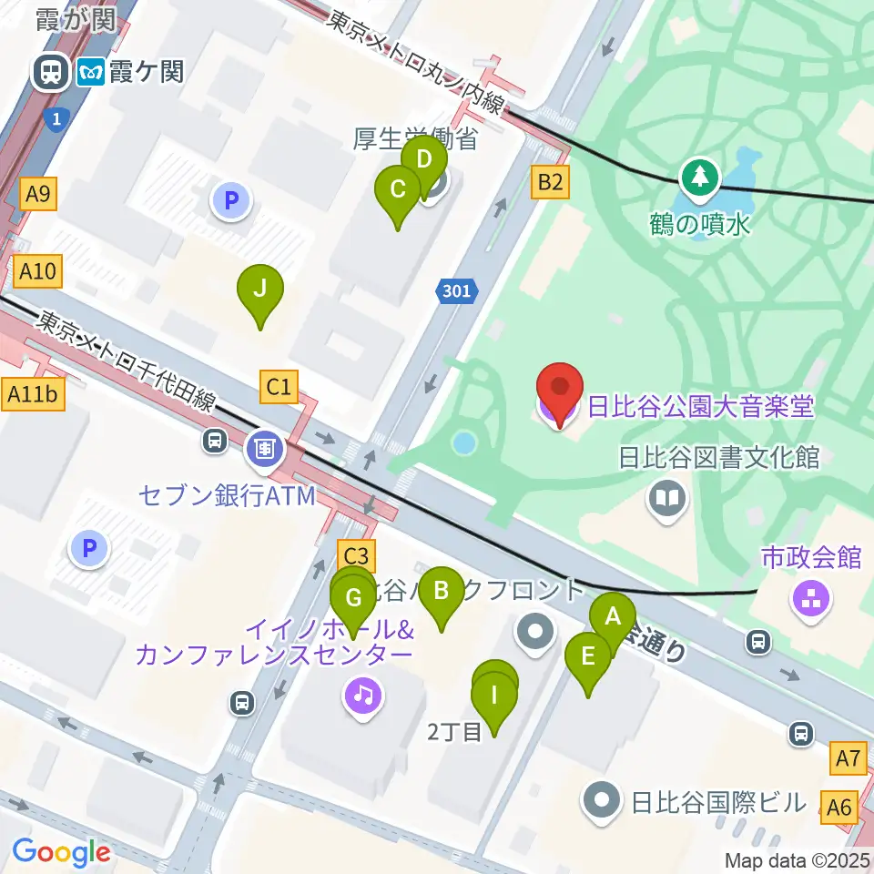日比谷野音周辺のファミレス・ファーストフード一覧地図