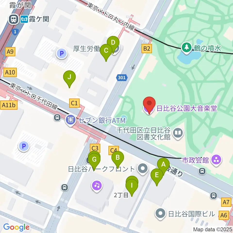 日比谷野音周辺のファミレス・ファーストフード一覧地図