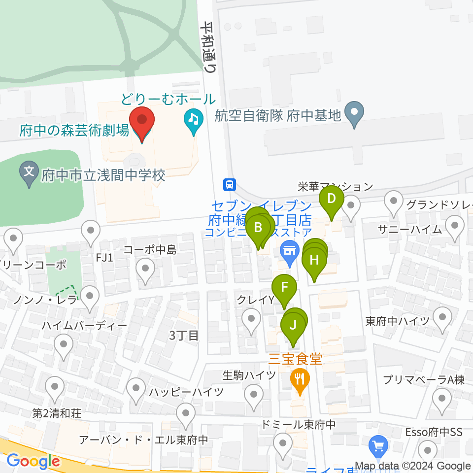 府中の森芸術劇場周辺のファミレス・ファーストフード一覧地図