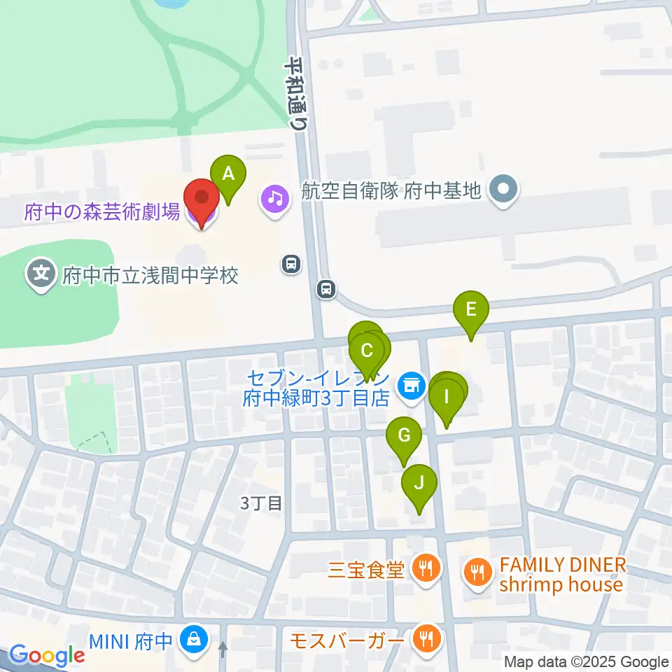 府中の森芸術劇場周辺のファミレス・ファーストフード一覧地図