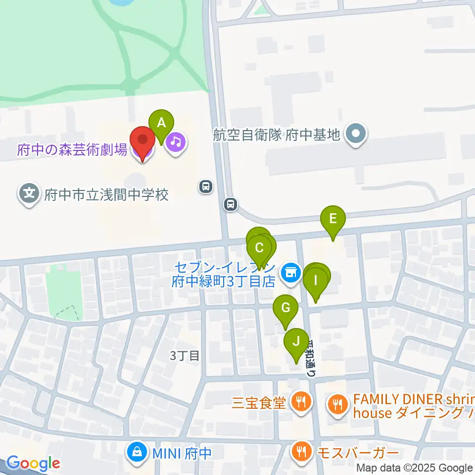 府中の森芸術劇場周辺のファミレス・ファーストフード一覧地図