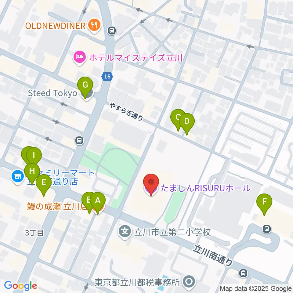 たましんRISURUホール周辺のファミレス・ファーストフード一覧地図