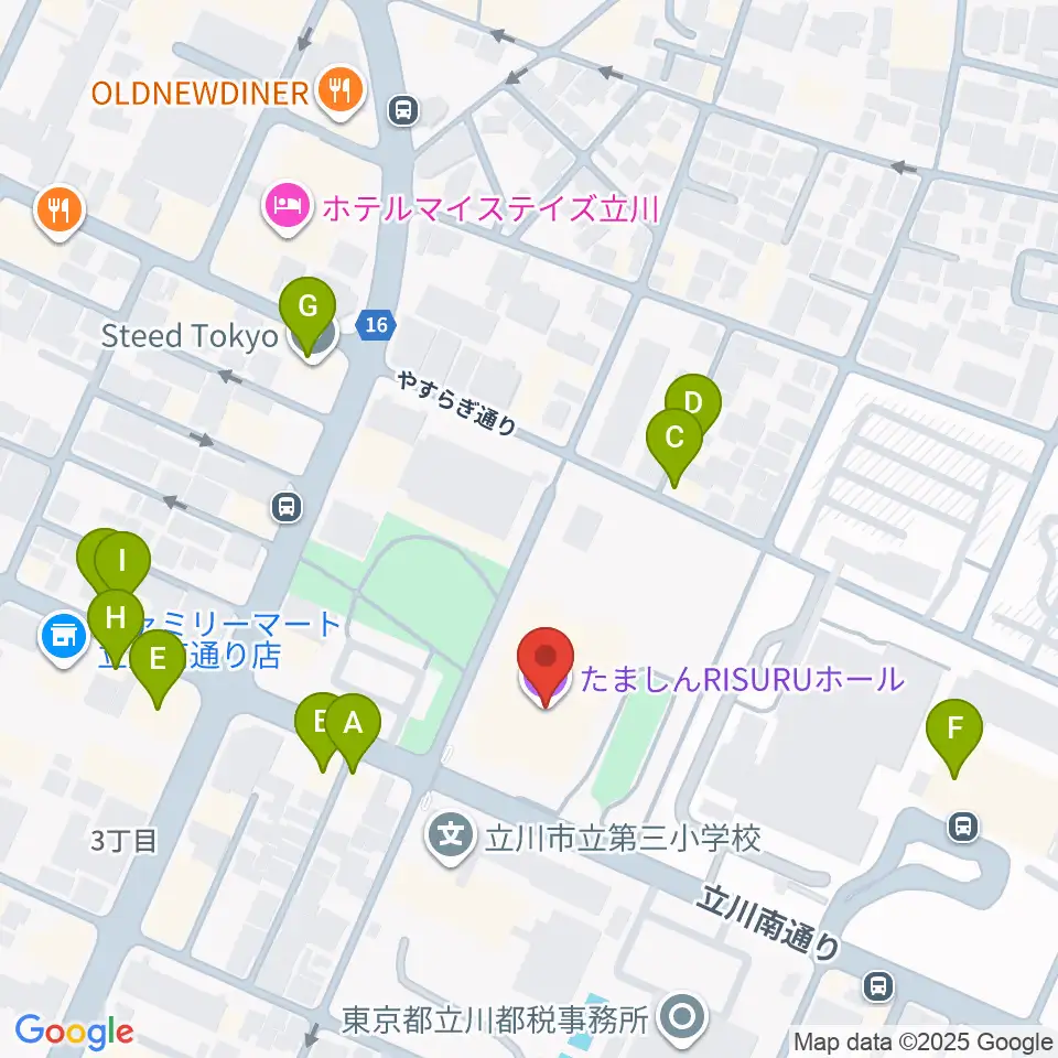 たましんRISURUホール周辺のファミレス・ファーストフード一覧地図