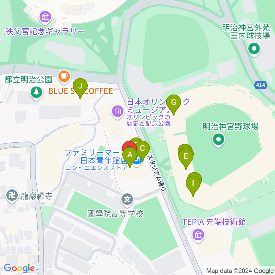 日本青年館ホール周辺のファミレス・ファーストフード一覧地図