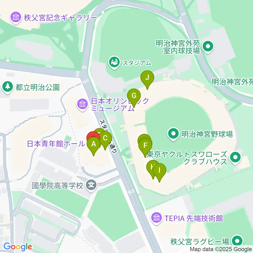 日本青年館ホール周辺のファミレス・ファーストフード一覧地図