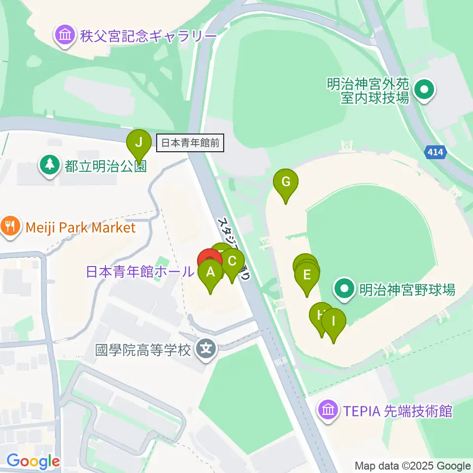 日本青年館ホール周辺のファミレス・ファーストフード一覧地図