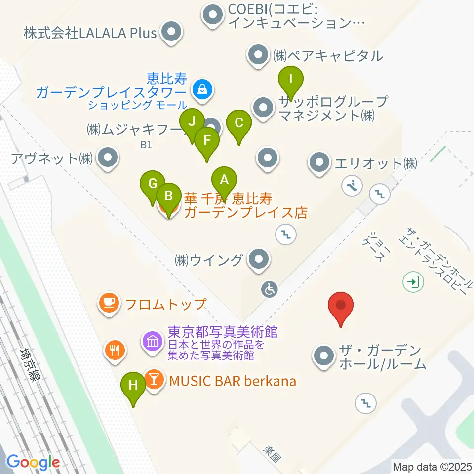 恵比寿ザ・ガーデンホール／ルーム周辺のファミレス・ファーストフード一覧地図