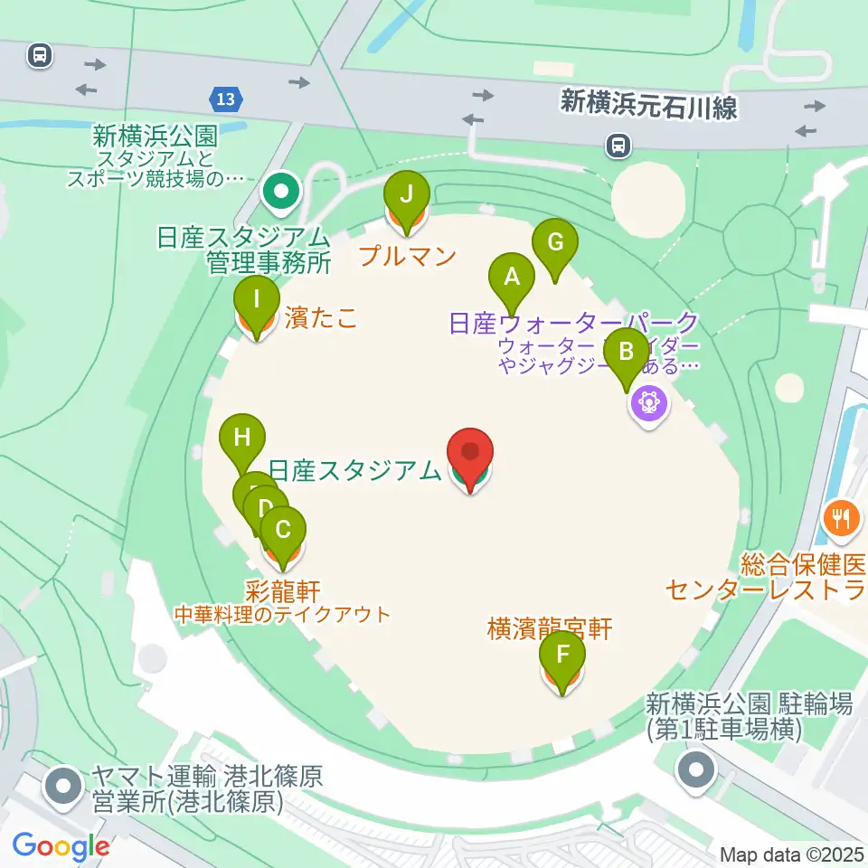 日産スタジアム周辺のファミレス・ファーストフード一覧地図
