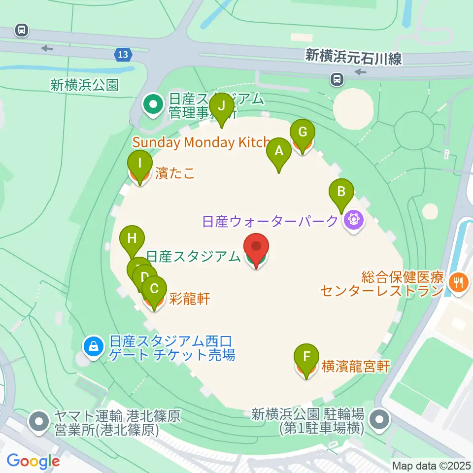 日産スタジアム周辺のファミレス・ファーストフード一覧地図