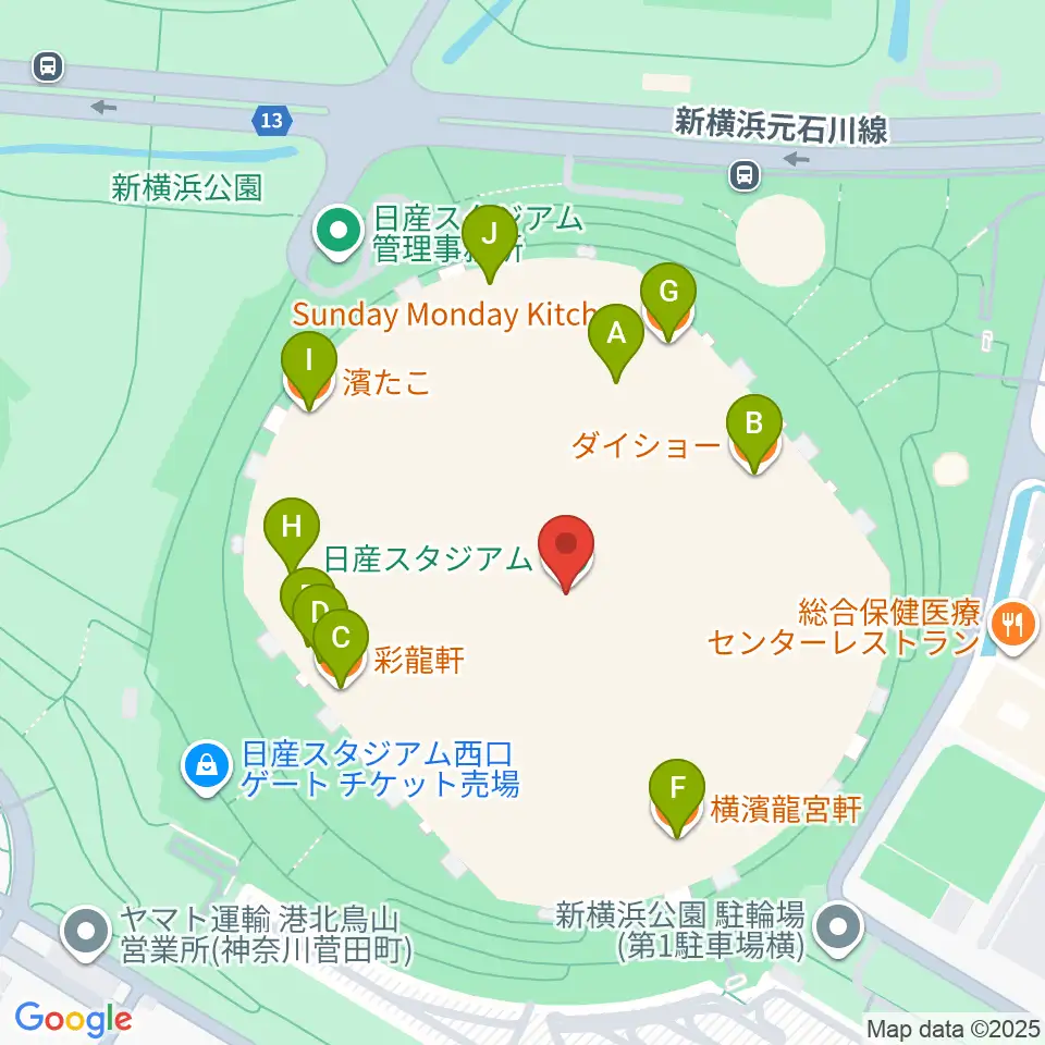 日産スタジアム周辺のファミレス・ファーストフード一覧地図