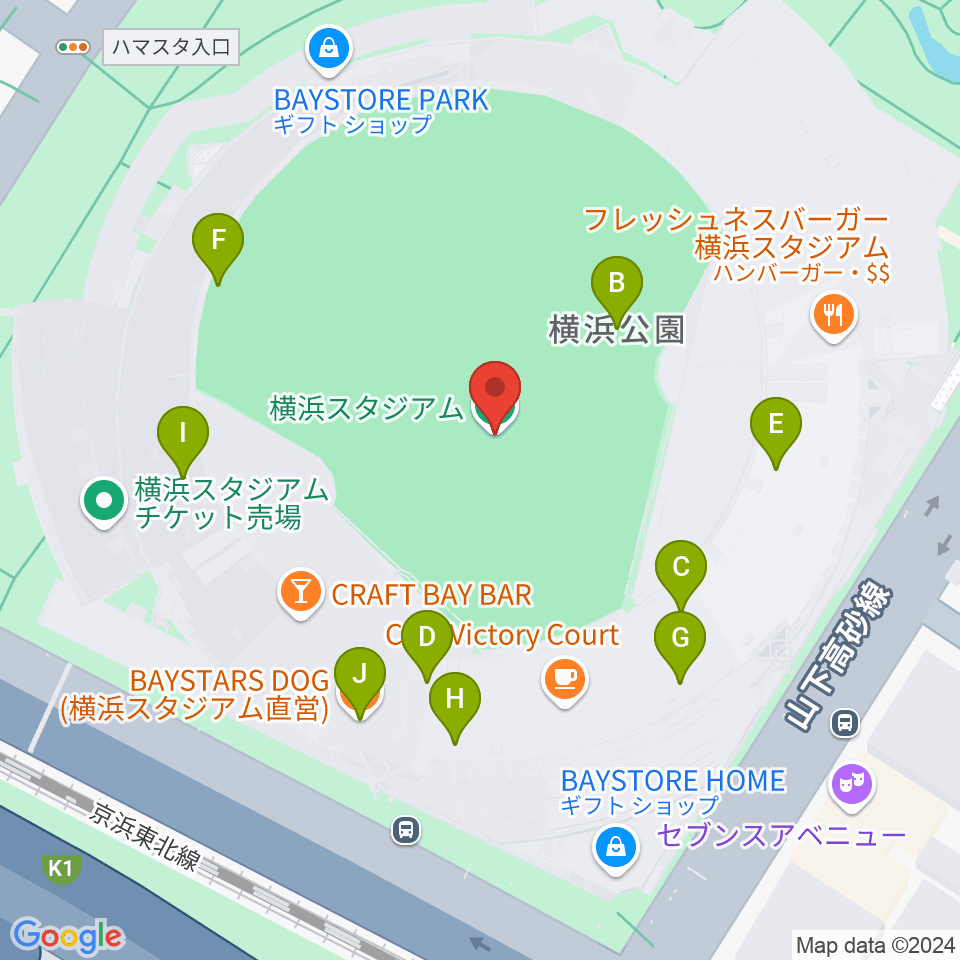 横浜スタジアム周辺のファミレス・ファーストフード一覧地図