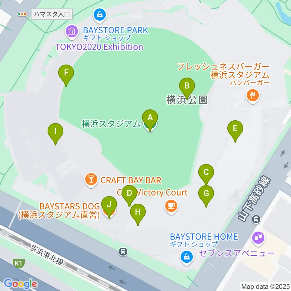 横浜スタジアム周辺のファミレス・ファーストフード一覧地図