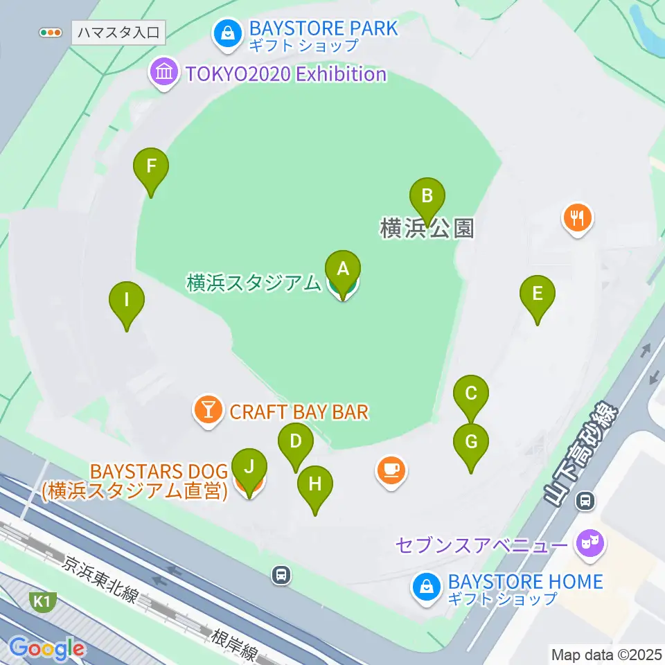 横浜スタジアム周辺のファミレス・ファーストフード一覧地図
