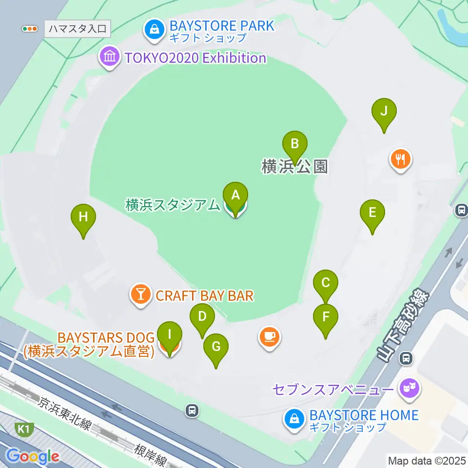 横浜スタジアム周辺のファミレス・ファーストフード一覧地図
