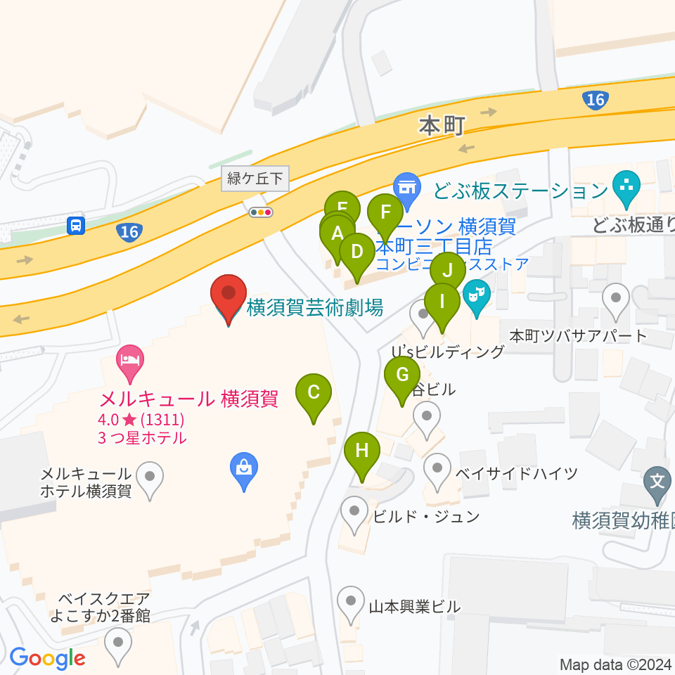 横須賀芸術劇場周辺のファミレス・ファーストフード一覧地図