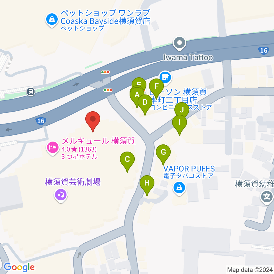 横須賀芸術劇場周辺のファミレス・ファーストフード一覧地図