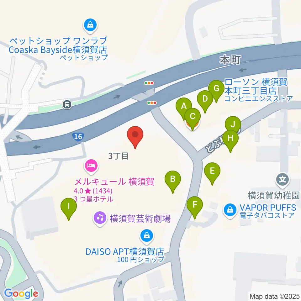 横須賀芸術劇場周辺のファミレス・ファーストフード一覧地図