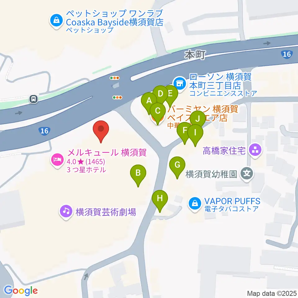 横須賀芸術劇場周辺のファミレス・ファーストフード一覧地図