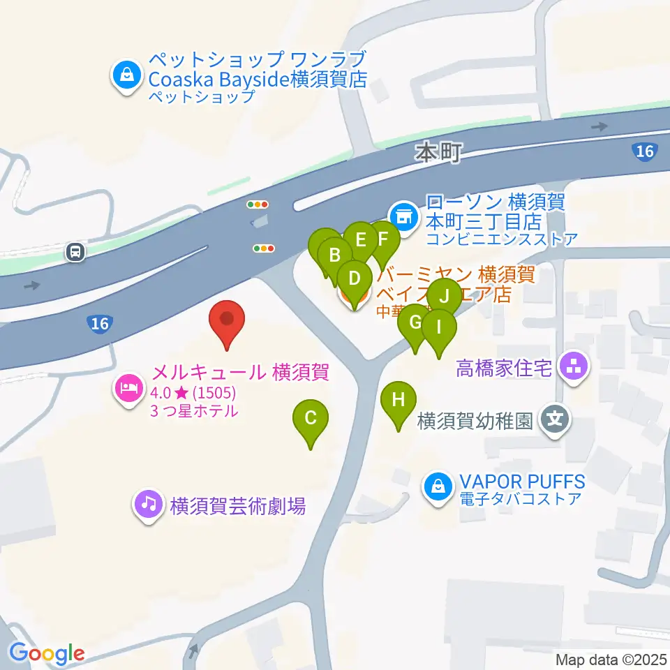 横須賀芸術劇場周辺のファミレス・ファーストフード一覧地図
